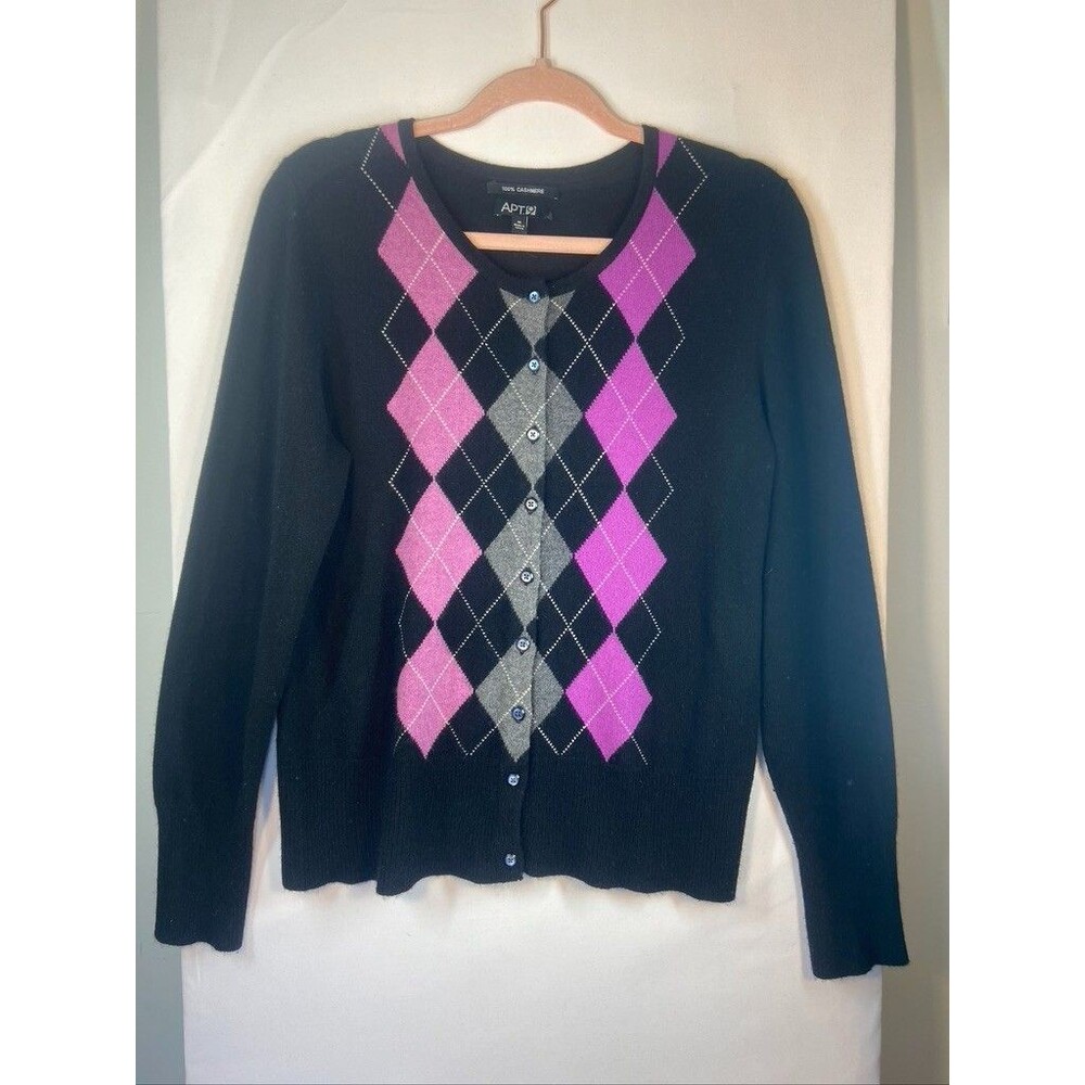 APT 9 100% CASHMERE BUTTON UP CARDIGAN BLACK CHECK LONG SLEEVE SWEATER